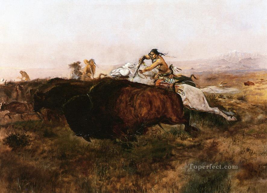 buffalo hunt 10 1895 Charles Marion Russell Amérindiens Peintures à l'huile